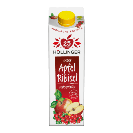 Höllinger Apfel-Ribiselsaft Tetra Pak® in weiß mit rotem Hintergrund der einen Apfel sowie Ribiseln zeigt.