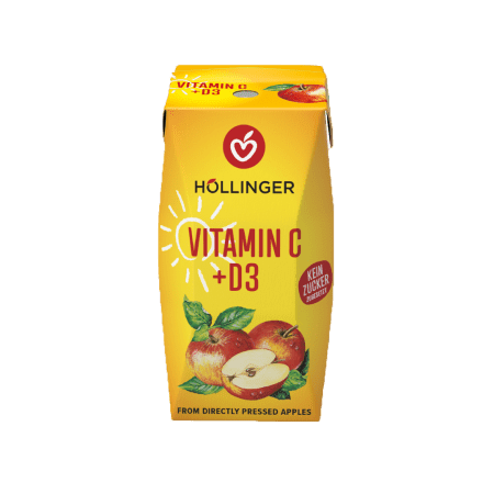 Eine gelbe Höllinger Apfelsaft-Packung mit Vitamin C + D3 auf der Äpfel und eine Sonne abgebildet sind.