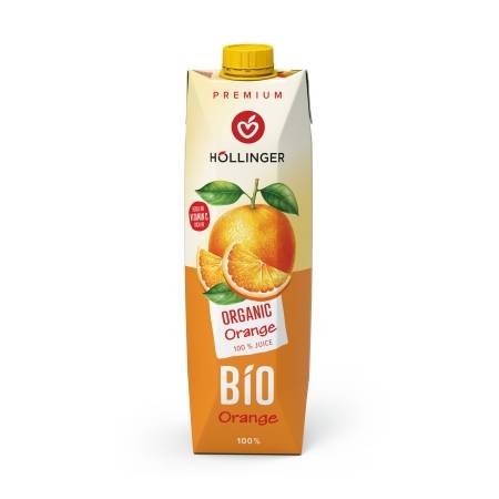Höllinger Orangensaft 1l Tetra Pak® in orange mit einer ganzen und aufgeschnittenen Orange mit Stängel und Blatt.