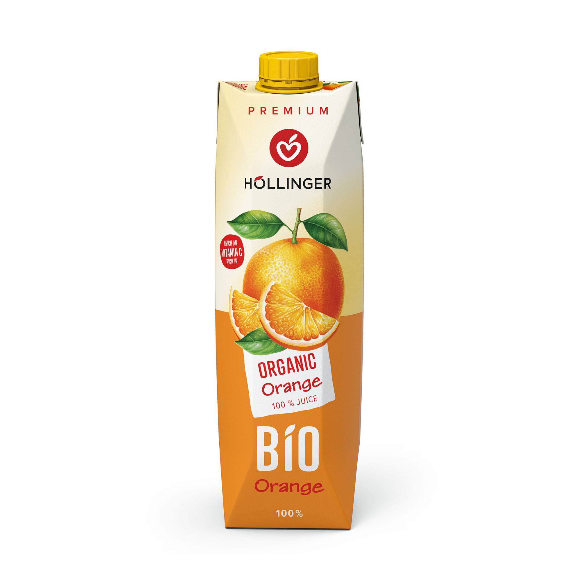 Höllinger Orangensaft 1l Tetra Pak® in orange mit einer ganzen und aufgeschnittenen Orange mit Stängel und Blatt.