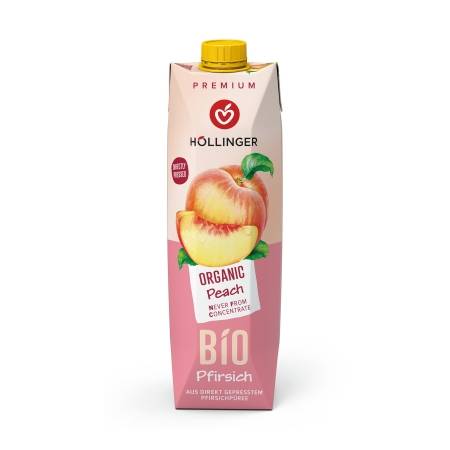 Höllinger Bio Pfirsichnektar 1l Tetra Pak® in rosa mit einem frischen saftigen Pfirsich, der aufgeschnitten wurde.