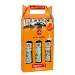 Höllingers Barkeepers-Selection alkoholfreie Sirup Geschenksbox in Aperitivo-orange vor Gondeln in Venedig.