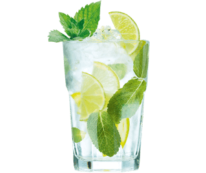 Mojito in hohem Glas mit Eiswürfeln, Limettenscheiben und frischen Minzblättern.