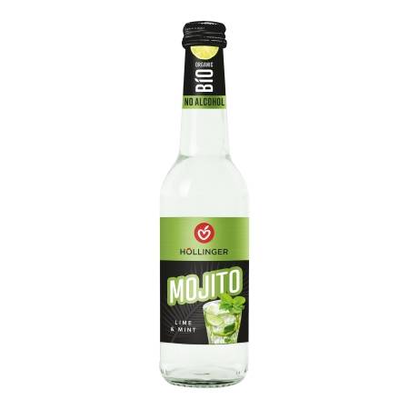 Höllinger Bio Mojito Urban Refresher Glasflasche mit schwarz grünem Etikett auf dem eine Mojito Illustration zu sehen ist.