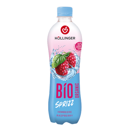Höllinger Himbeer Sprizz Flasche in hellblau weiß rosa mit 2 Himbeeren hinterlegt auf Wasser.