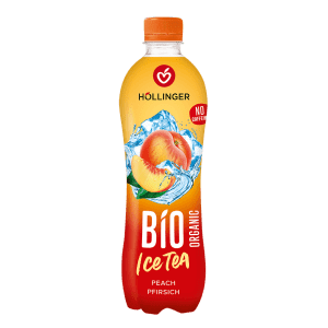 PET Ice Tea Flasche in Orange mit frischem Pfirsich hinterlegt von Wasser.