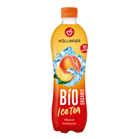 PET Ice Tea Flasche in Orange mit frischem Pfirsich hinterlegt von Wasser.