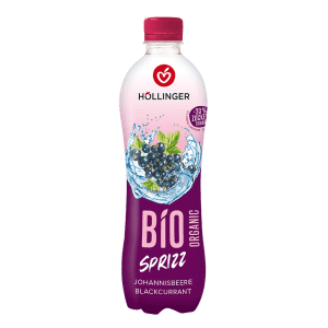 Höllinger Johannisbeere Sprizz Flasche in Lila Rosa mit Johannisbeeren hinterlegt von Wasser
