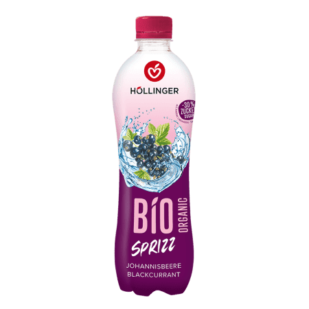Höllinger Johannisbeere Sprizz Flasche in Lila Rosa mit Johannisbeeren hinterlegt von Wasser