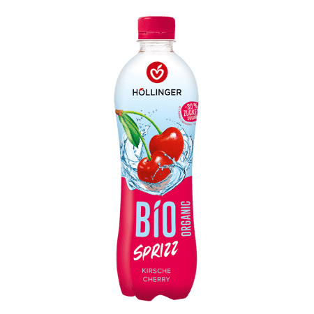Höllinger Kirsch Sprizz Flasche in kirschrot hellblau mit 2 Kirschen hinterlegt auf Wasser.