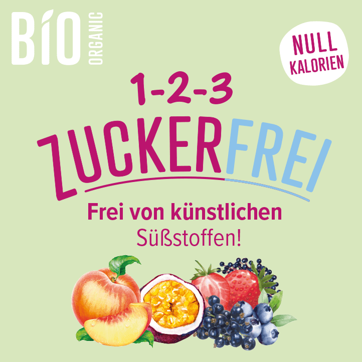 1-2-3 ZUCKERFREI mit Höllinger – natürliche Bio-Getränke mit Pfirsich, Maracuja, Erdbeere & Johannisbeere, ohne Zucker. Jetzt online kaufen!