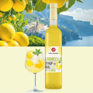 Limoncello Flasche mit Glas, Blick aufs Meer mit Zitronen