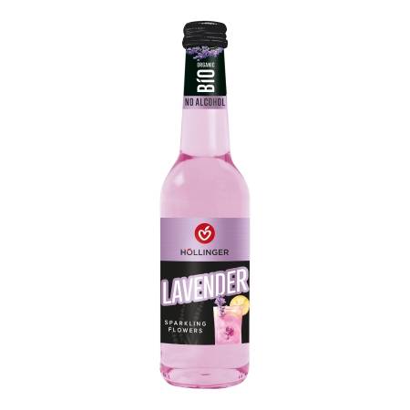 Höllinger Urban Refresher Lavender Flasche mit schwarz lila Etikette und einer Illustration eines Lavendel-Getränks.