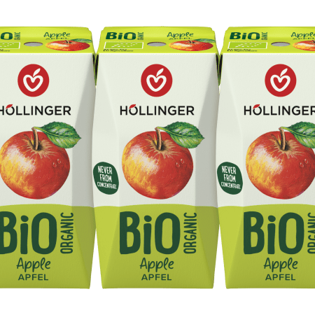 Höllinger Bio Apfel Schulsaft in der 200ml Packung auf der ein ganzer Apfel abgebildet ist.