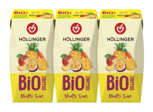 Höllinger Bio Multi Schulsaft in der 200ml Packung auf der die Multi-Früchte abgebildet sind.