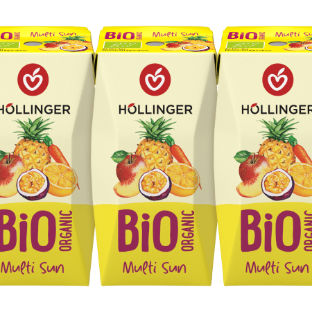 Höllinger Bio Multi Schulsaft in der 200ml Packung auf der die Multi-Früchte abgebildet sind.