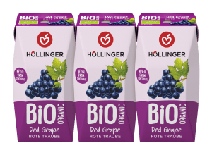 Höllinger Bio Traube Schulsaft in der 200ml Packung auf der eine Rebe roter Trauben zu sehen ist.