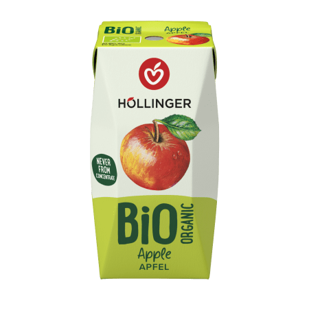 Höllinger Bio Apfel Schulsaft in der 200ml Packung auf der ein ganzer Apfel abgebildet ist.