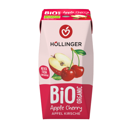 Höllinger Bio Apfel Kirsche Schulsaft in der 200ml Packung auf der ein aufgeschnittener Apfel sowie Kirschen zu sehen sind.