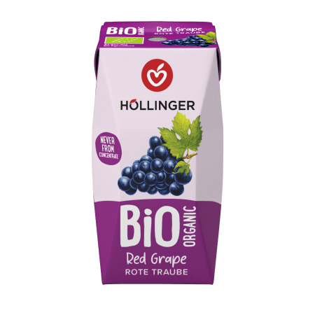 Höllinger Bio Traube Schulsaft in der 200ml Packung auf der eine Rebe roter Trauben zu sehen ist.