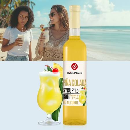 Flasche Pina Colada vor Bild zweier Frauen am Strand