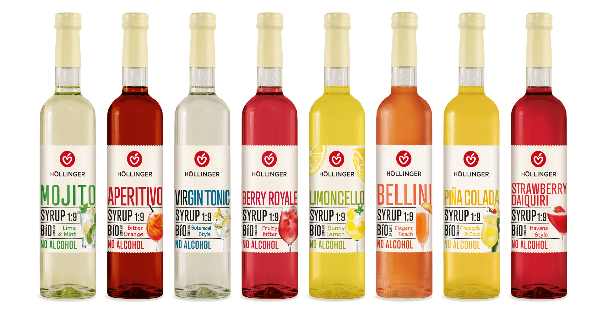 Alle 8 Sorten der Cocktailsirups von Höllinger