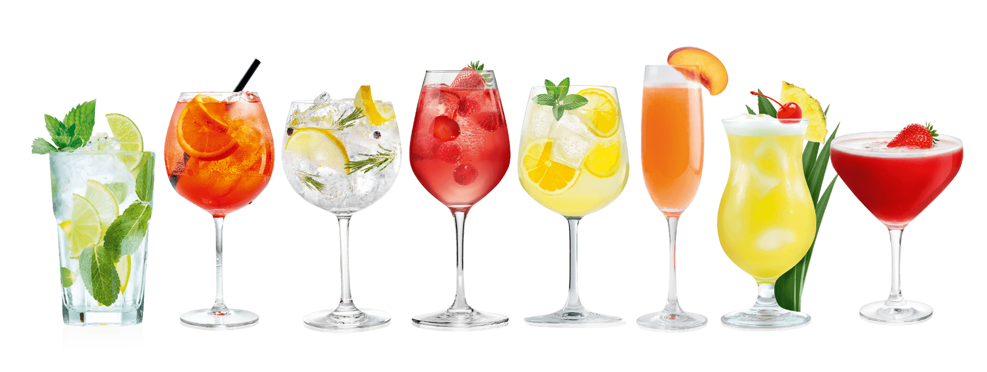 Alle 8 Sorten der Cocktailsirups von Höllinger zubereitet in Cocktailgläsern