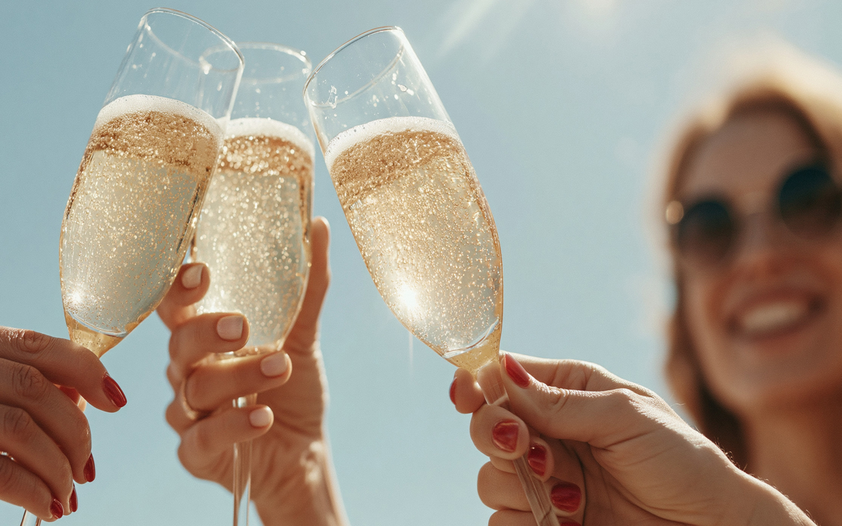 Drei Gläser Secco werden vor blauem Himmel angestoßen